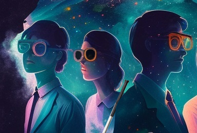 Three professionals in front of a starry background, two males and one female. They are all wearing glasses. The woman has dark glasses and has a white cane.