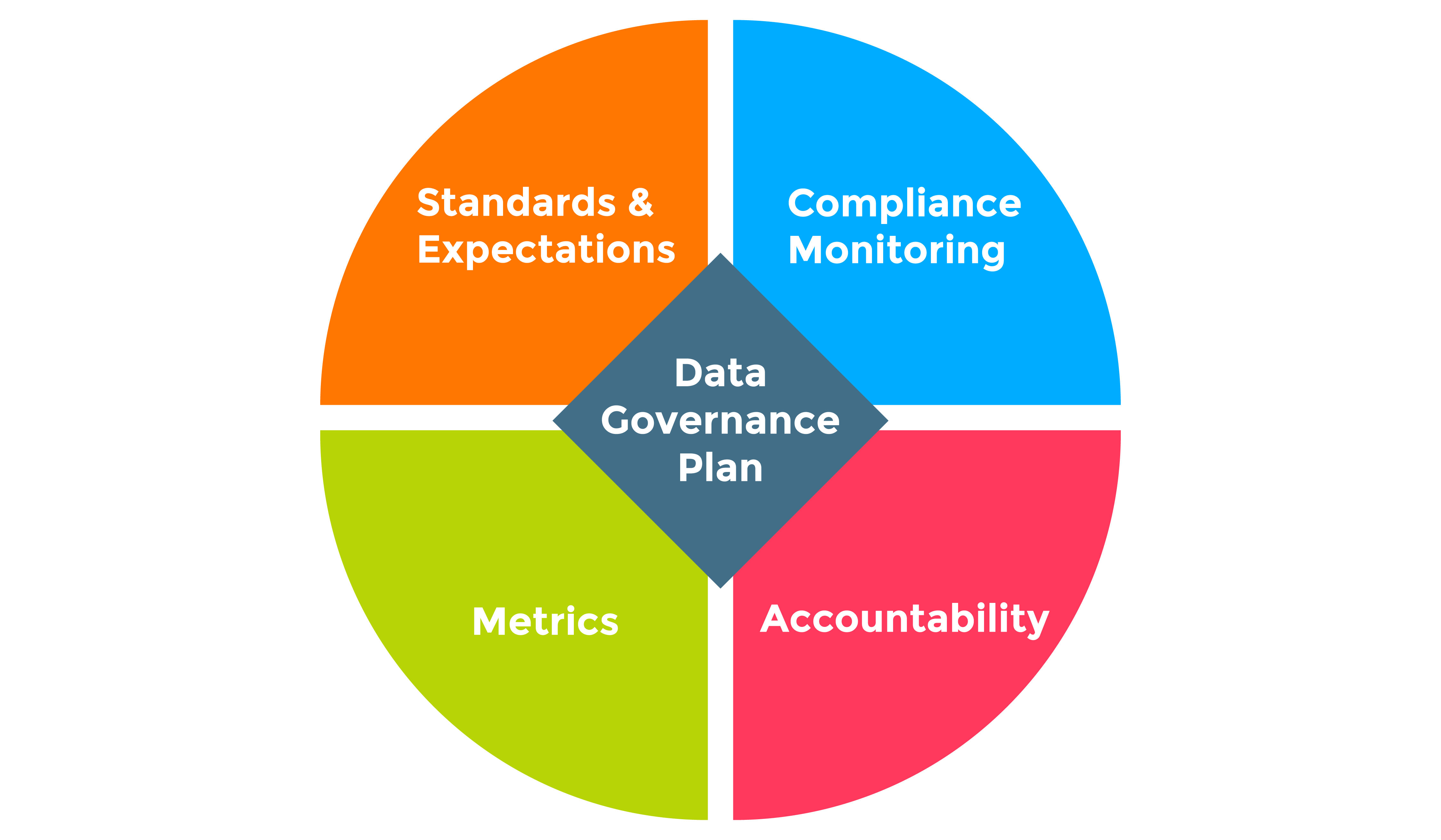 A data governance plan includes standards, metrics, accountability, and compliance monitoring