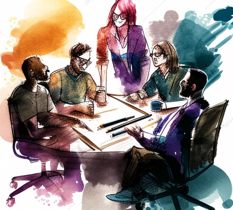 a watercolor of a diverse group of individuals around a conference table