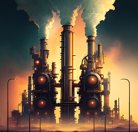 picture of a refinery or chemical plant with pipes and pumps and tanks